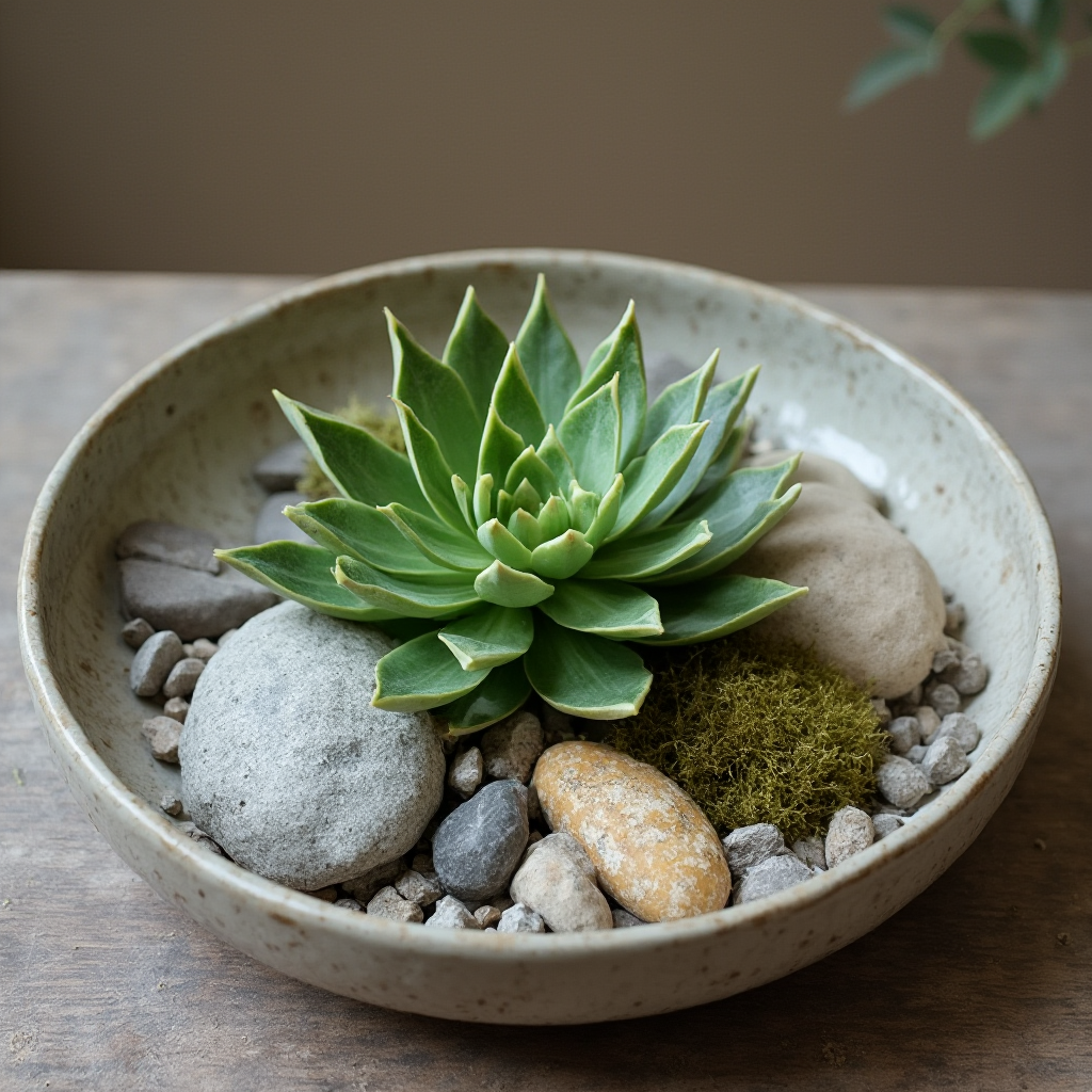 Kompozycja z Euphorbia lactea Cristata, kamieni rzecznych i suchego mchu w płaskiej ceramicznej misie, stylizacja w duchu wabi-sabi