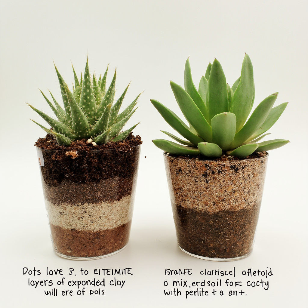 Porównanie gleby dla wilczomlecza kolczastego: warstwy drenażowe z keramzytu, mieszanka ziemi dla kaktusów z perlitem i piaskiem. Kadr: przekrój doniczki pokazujący układ podłoża.