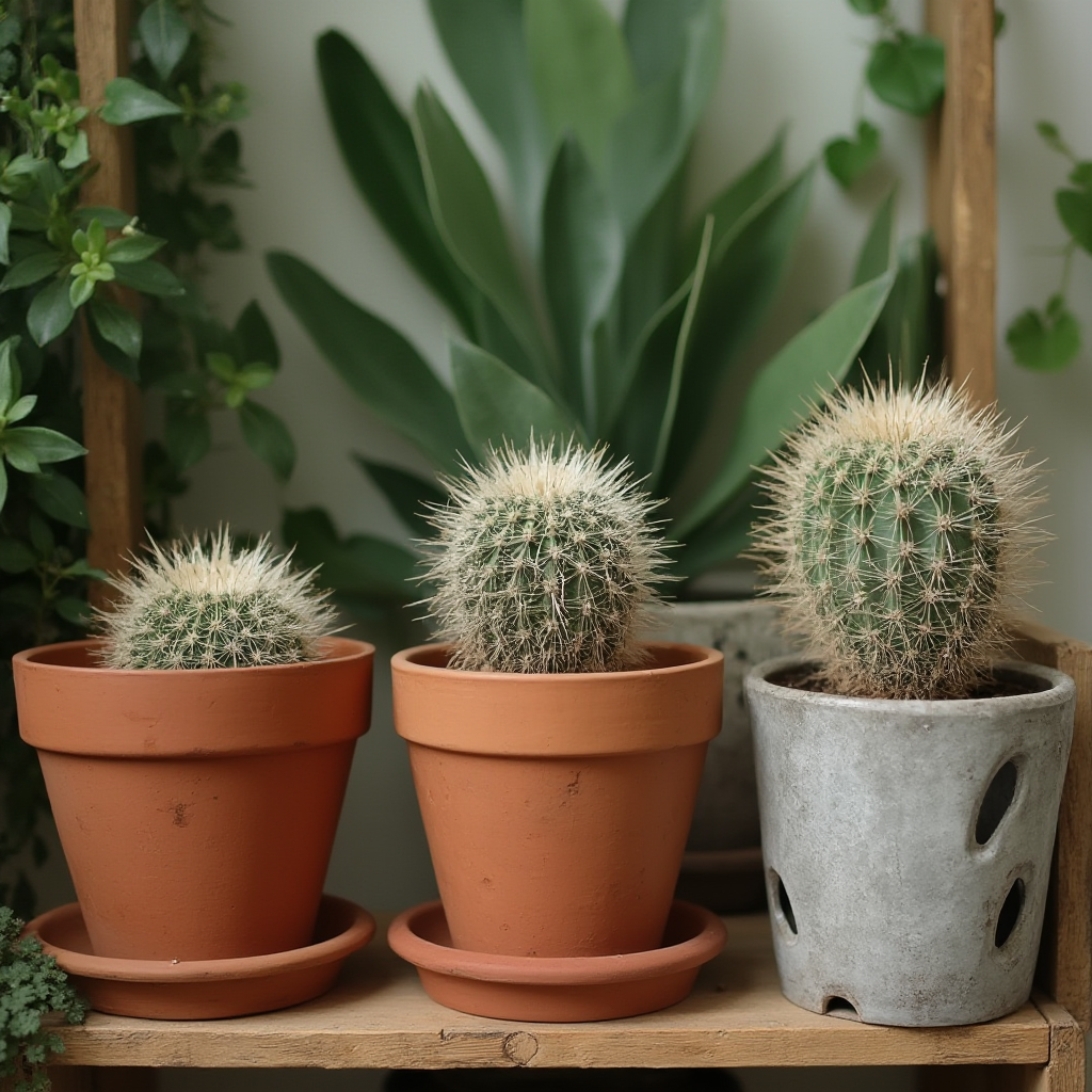 Różne doniczki dla wilczomlecza kolczastego: terakotowa, ceramiczna z otworami bocznymi, betonowy pojemnik. Kadr: układ trzech doniczek na drewnianej półce, w tle liście innych sukulentów.