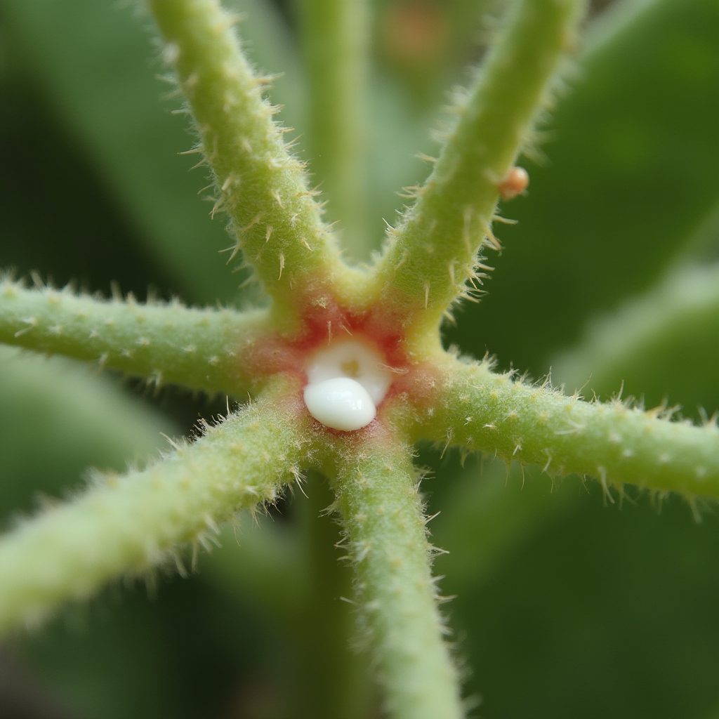 Zbliżenie na łodygę Euphorbia pulcherrima z kroplą białego soku mlecznego na przecięciu, ostrość na strukturę płynu, miękkie tło z rozmytymi liśćmi