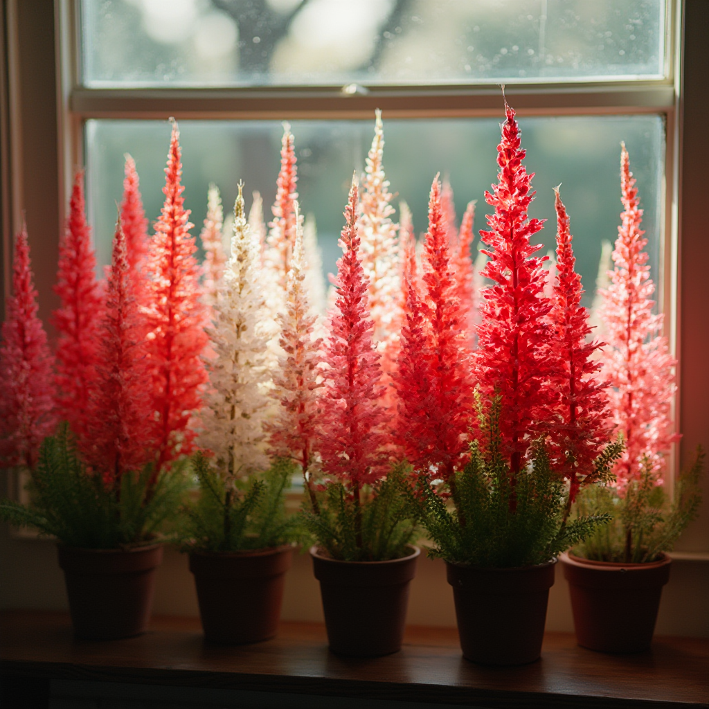 Grupa Euphorbia pulcherrima w różnych kolorach (czerwone, białe, różowe) ustawiona na drewnianej półce przy oknie, widoczne równomierne oświetlenie liści, lekki blask słońca w tle