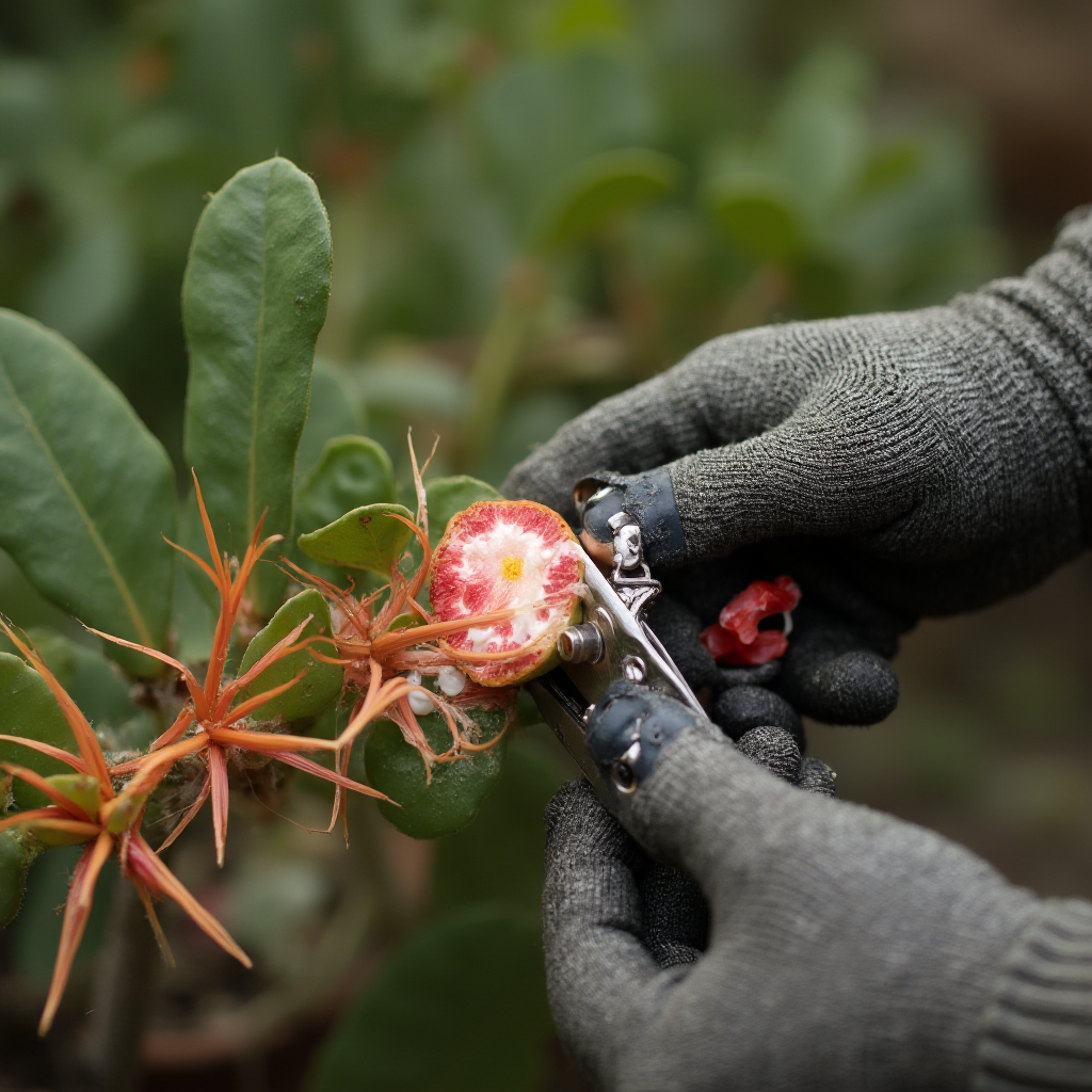 Ręka w ochronnej rękawiczce przycinająca pędy Euphorbia pulcherrima ostrym sekatorem, widoczne białe krople soku na przekroju, tło z rośliną w tle