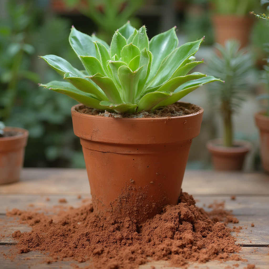Doniczka terakotowa z Euphorbia pulcherrima podczas przesadzania, widoczne zdrowe białe korzenie i drenaż z keramzytu, ziemia rozsypana wokół na drewnianym stole