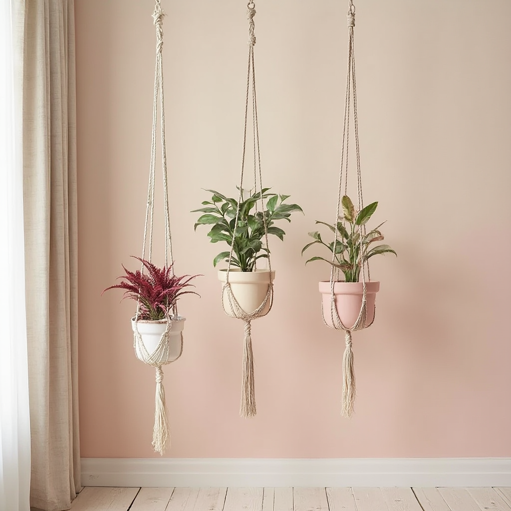 Nowoczesny salon z trzema Euphorbia pulcherrima w wiszących donicach macramé, rośliny w odcieniach burgundu, kremu i różu, minimalistyczne tło w pastelowych barwach