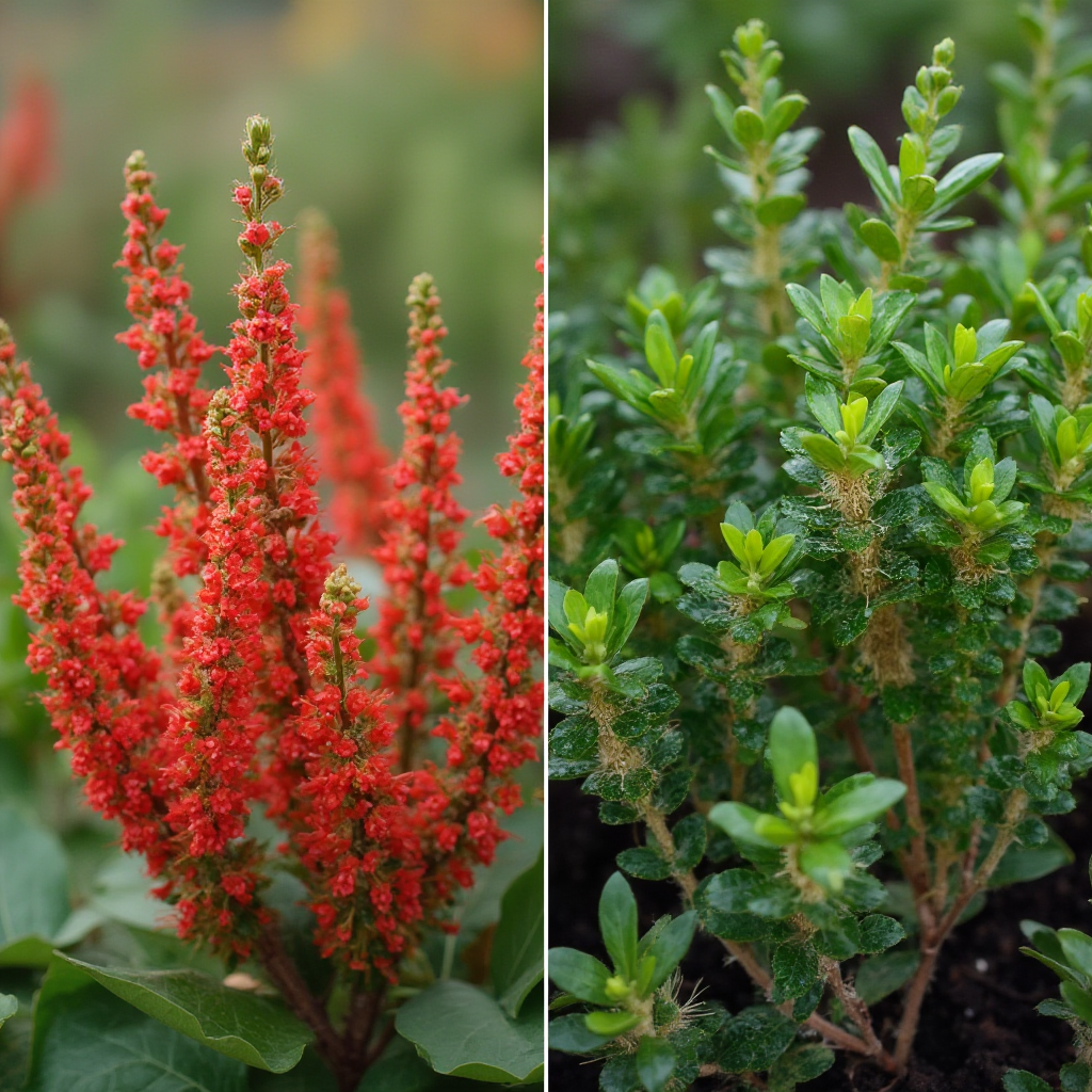 Porównanie Euphorbia pulcherrima w pełni kwitnienia i po przycięciu, widoczne nowe pędy wyrastające z przyciętych gałęzi, różnica w zagęszczeniu liści