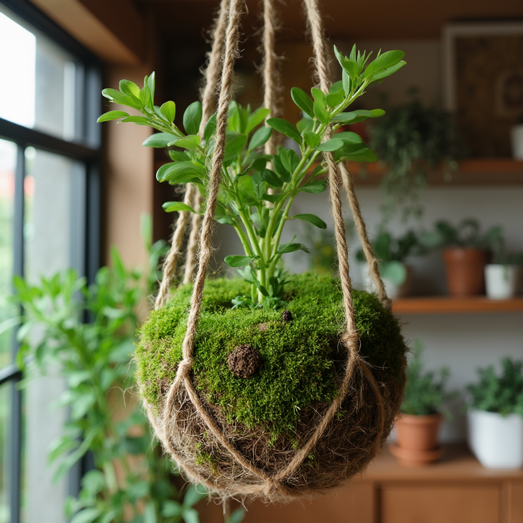 Wisząca donica kokedama z Euphorbia pulcherrima, kuliste podłoże obłożone mchem, sznur konopny, drewniana półka w tle