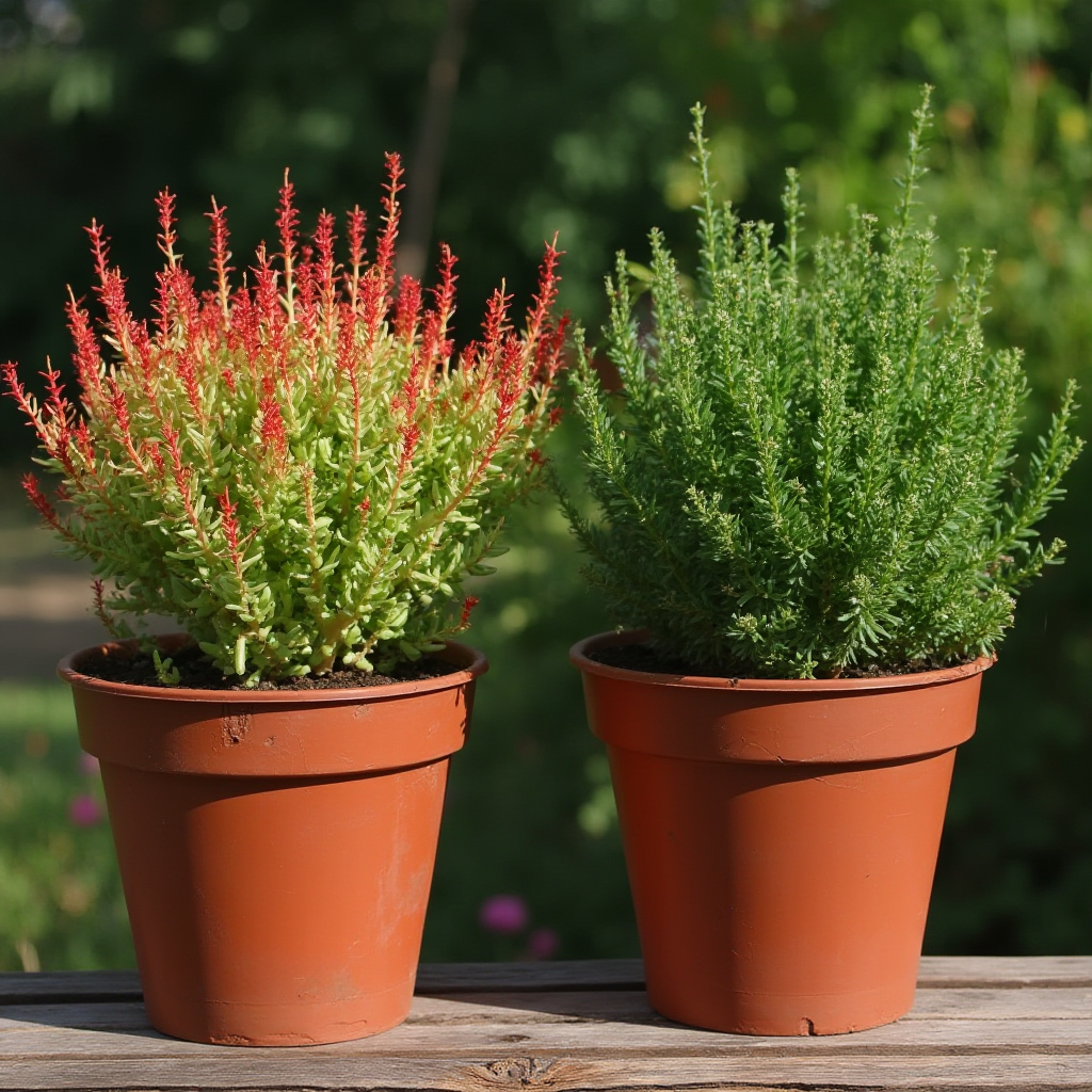 Porównanie dwóch okazów Euphorbia tirucalli (wilczomlecza palczastego) – jeden w pełnym słońcu z czerwonymi końcówkami, drugi w półcieniu całkowicie zielony. Doniczki ustawione obok siebie na drewnianej ławce. Kadr: szeroki, poziomy.