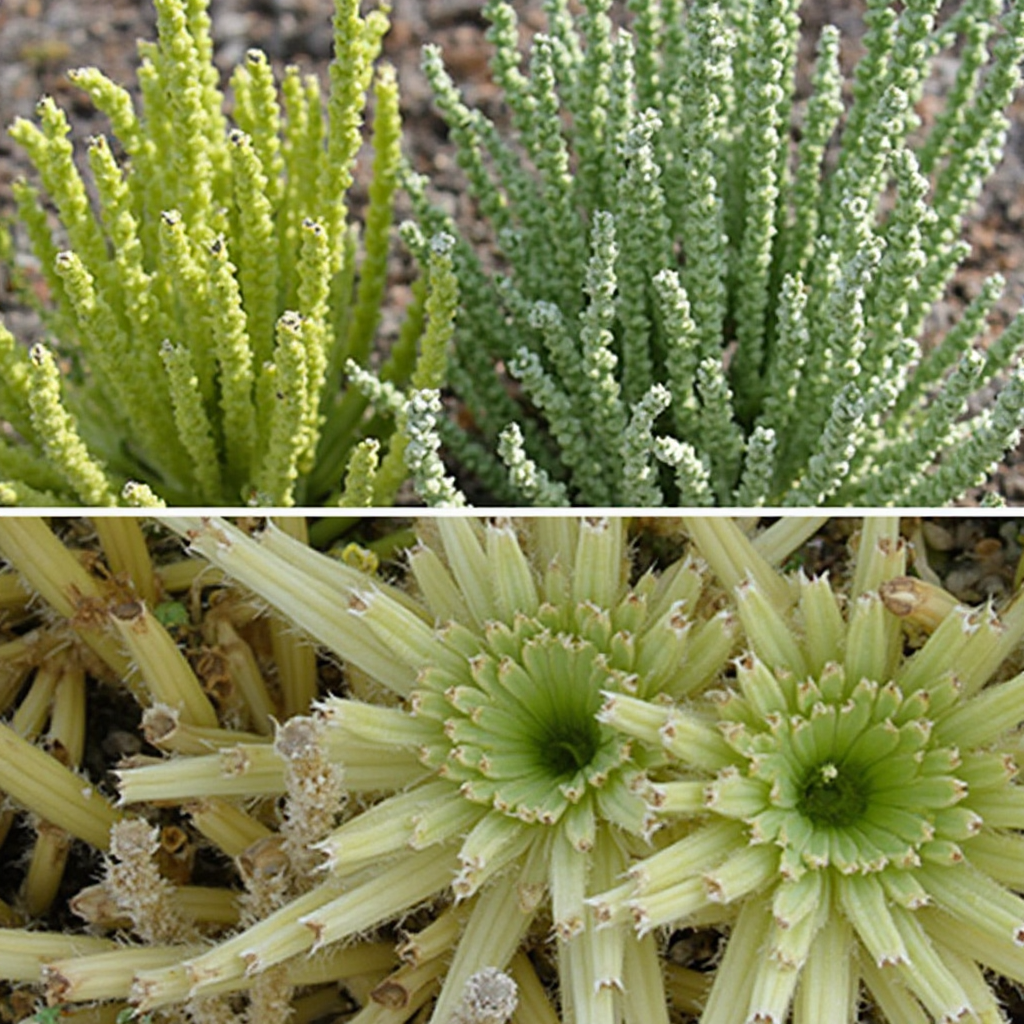 Euphorbia tirucalli (wilczomlecz palczasty) z objawami przelania – żółknące pędy u podstawy. Obok zdrowa roślina dla porównania. Kadr: zbliżenie na różnice w kolorystyce i teksturze pędów.