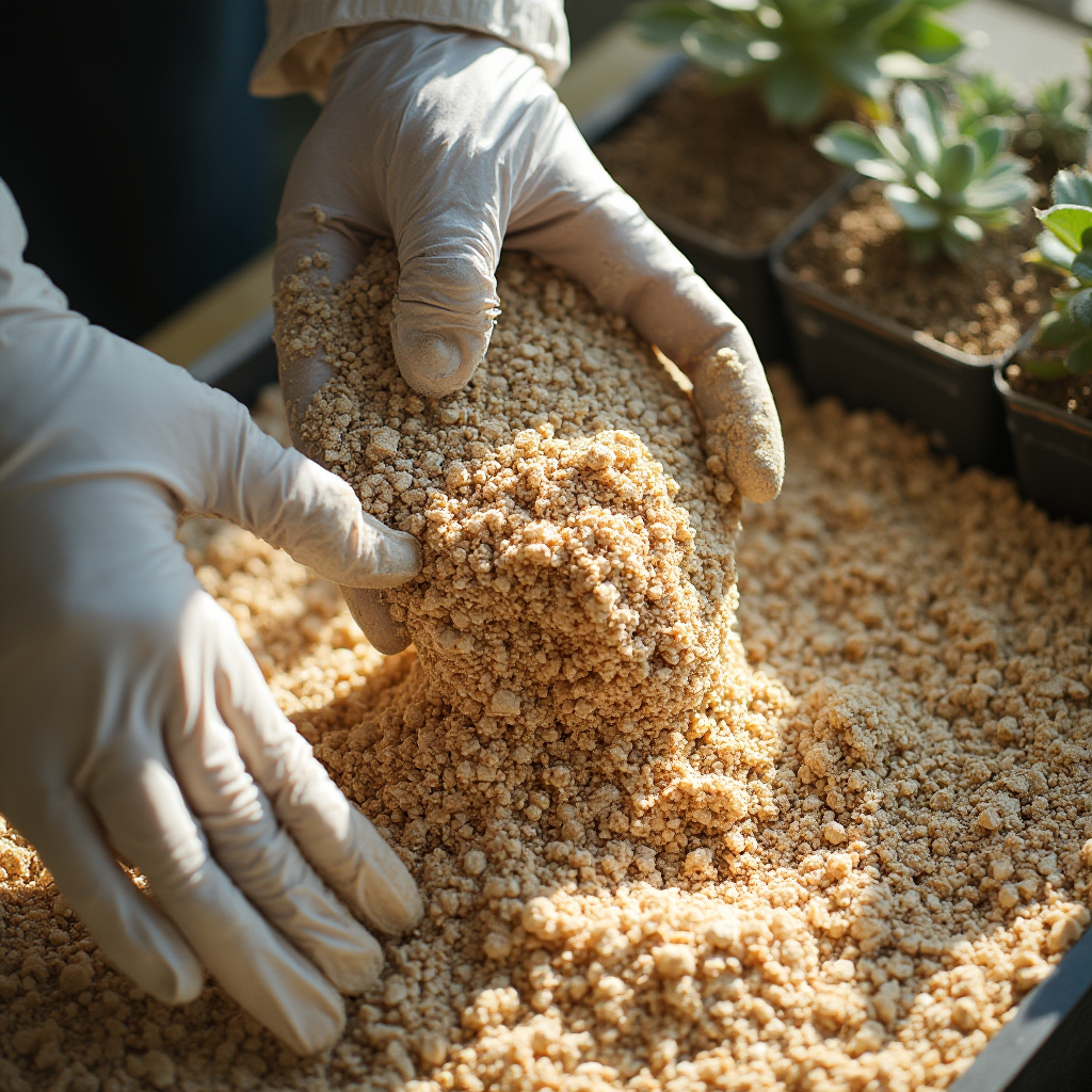 Mieszanka glebowa dla Euphorbia milii – widok dłoni w rękawiczce przesypującej przepuszczalne podłoże z piaskiem, perlitem i drobnym żwirem. Kadr z góry, naturalne światło.