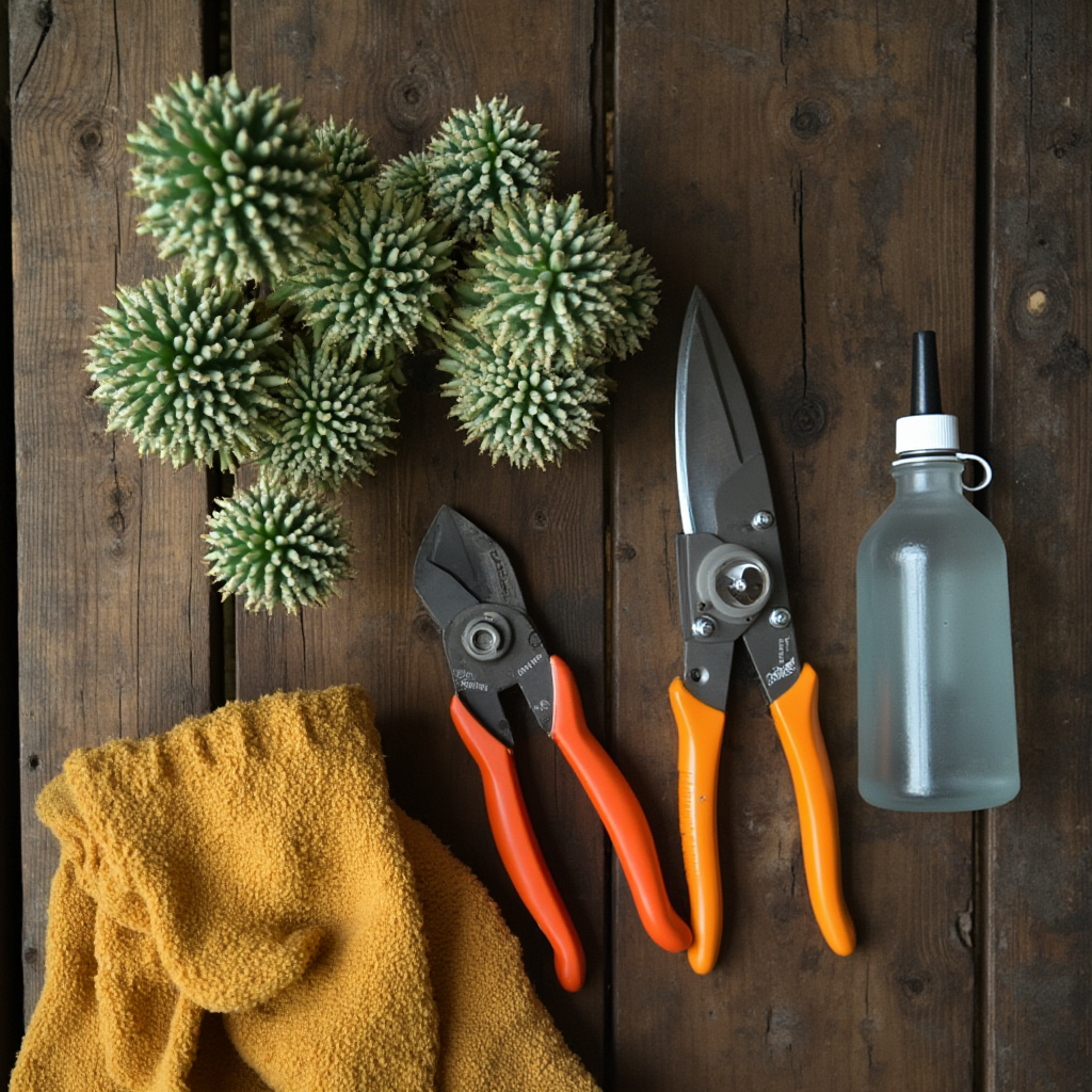 Narzędzia do pielęgnacji Euphorbia milii – ostry sekator, rękawice ogrodowe i butelka z wodą na drewnianym tle. Kadr z boku, oświetlenie boczne.