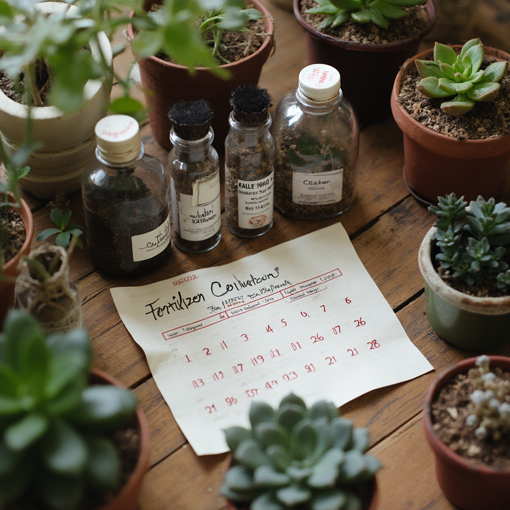 Organizer nawozów dla sukulentów: butelki z etykietami, miarki i kalendarz z zaznaczonymi datami. Kadr z góry, naturalne oświetlenie.