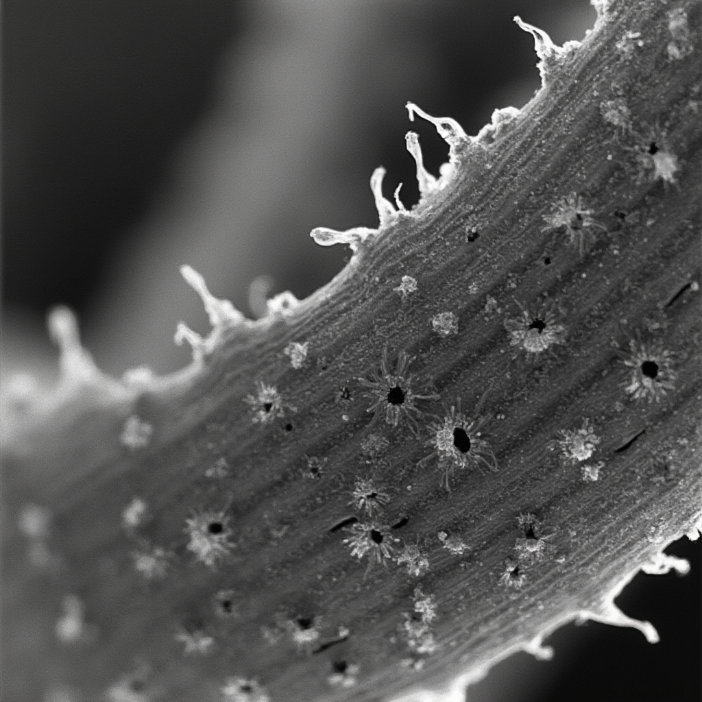 Laboratoryjne zdjęcie elektronowym mikroskopem skaningowym ukazujące powierzchnię pędu Euphorbia trigona z widocznymi szparkami i włoskami ochronnymi