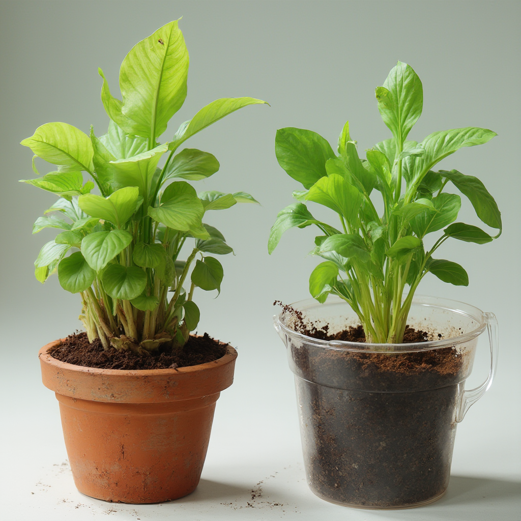 Porównawcza grafika pokazująca prawidłową i nieprawidłową uprawę Wilczomlecza trójżebrowego: zdrowy okaz w kamionkowej donicy vs. chorująca roślina w plastikowym pojemniku z zaleganą glebą