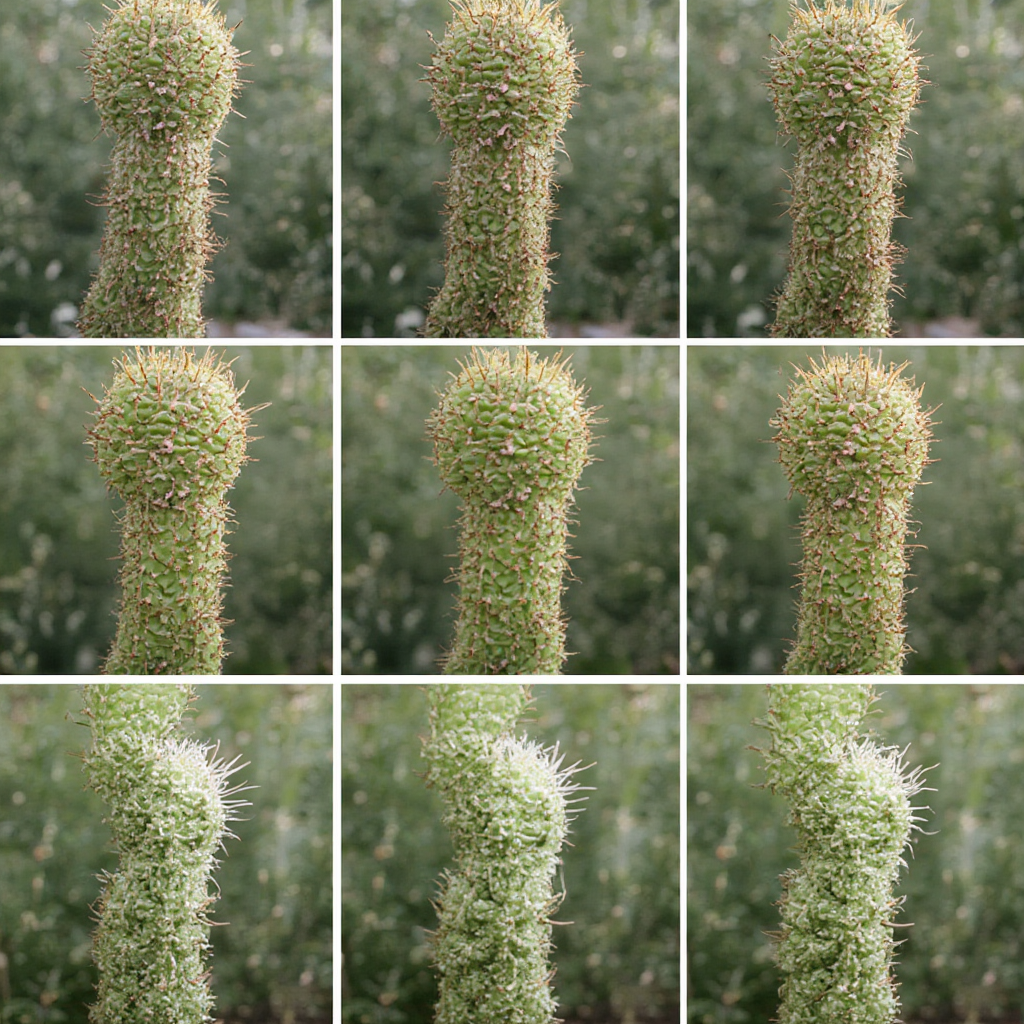 Sekwencja zdjęć pokazująca reakcję Wilczomlecza trójżebrowego (Euphorbia trigona) na niedobór wody: od jędrnych pędów do lekkiego marszczenia żebrowania