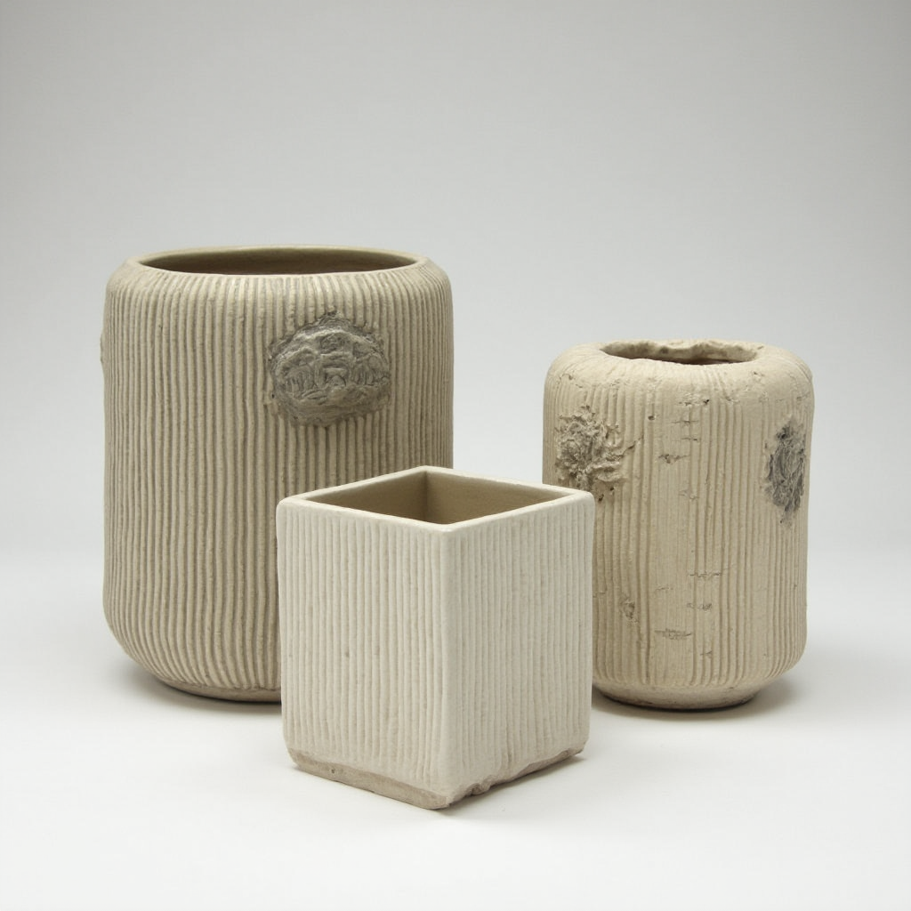 Zestaw trzech różnych doniczek dla Wilczomlecza trójżebrowego: kamionkowa z reliefem, betonowa kwadratowa i ceramiczna walcowa z systemem nawadniania kropelkowego