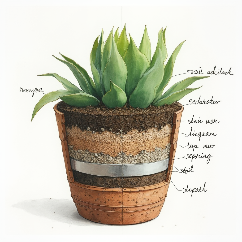 Schemat przekroju idealnej doniczki dla Euphorbia trigona z podpisami warstw: drenaż, separator, mieszanka glebowa