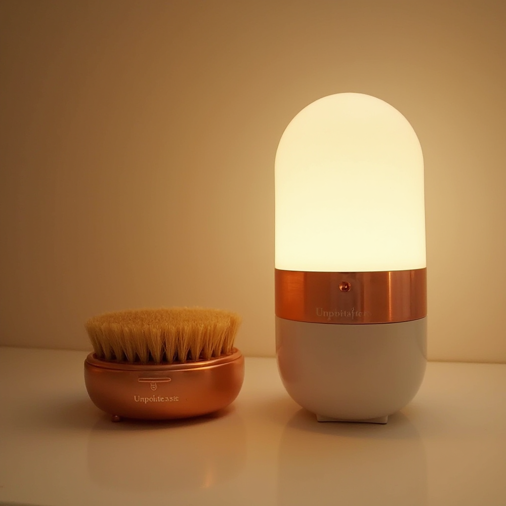 Zestaw do pielęgnacji: pędzel z włosia mangusty, miedziany nawilżacz powietrza, lampa doświetlająca z regulowanym spektrum