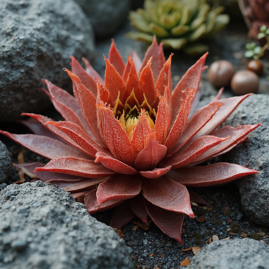 Kompozycja z Wilczomleczem trójżebrowym (Euphorbia trigona rubra) w centrum, otoczonym kamieniami lawowymi i drewnianymi elementami w stylu wabi-sabi